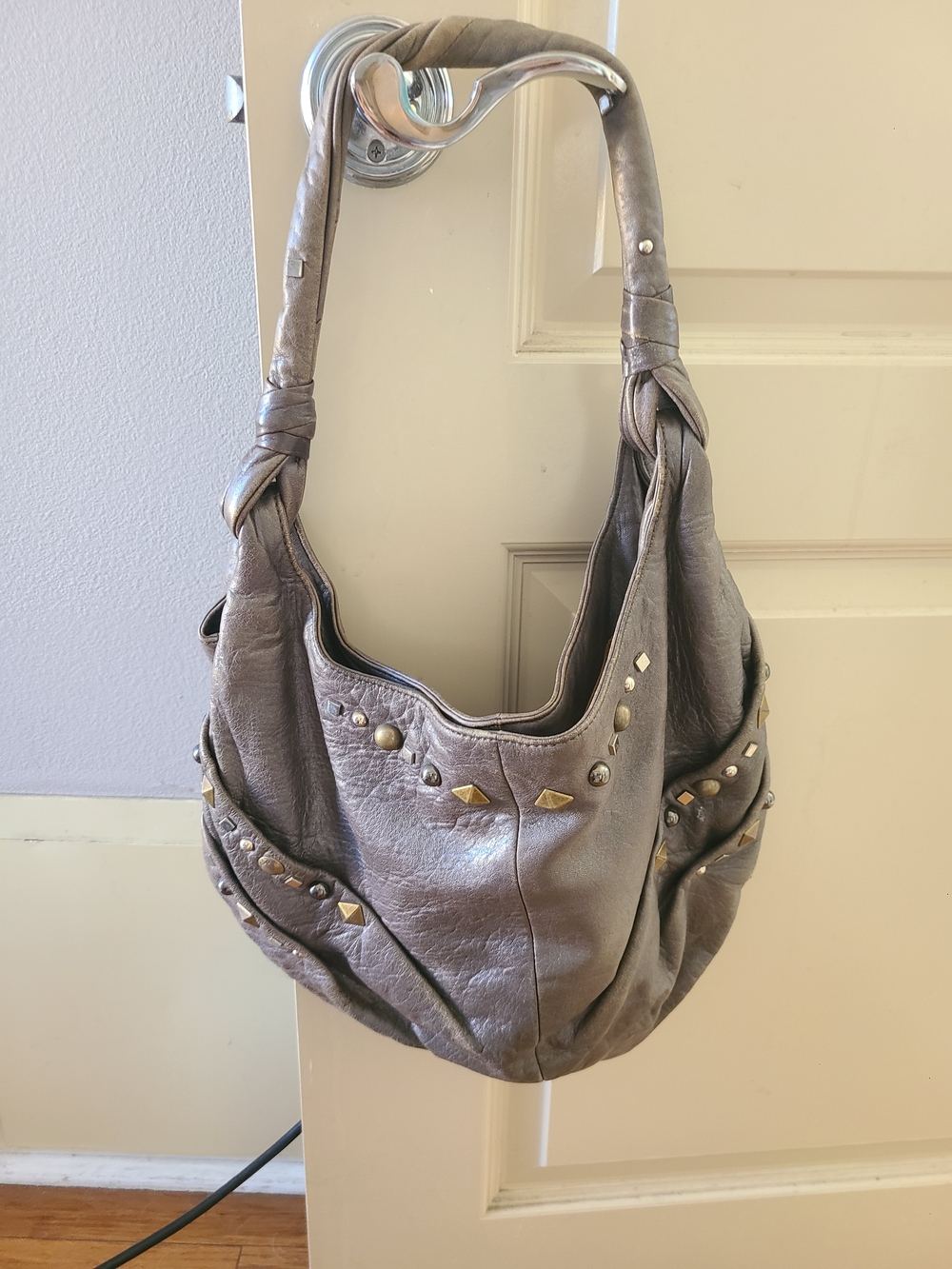 HOBO Metallic Gray Studded Hobo Shoulder Bag